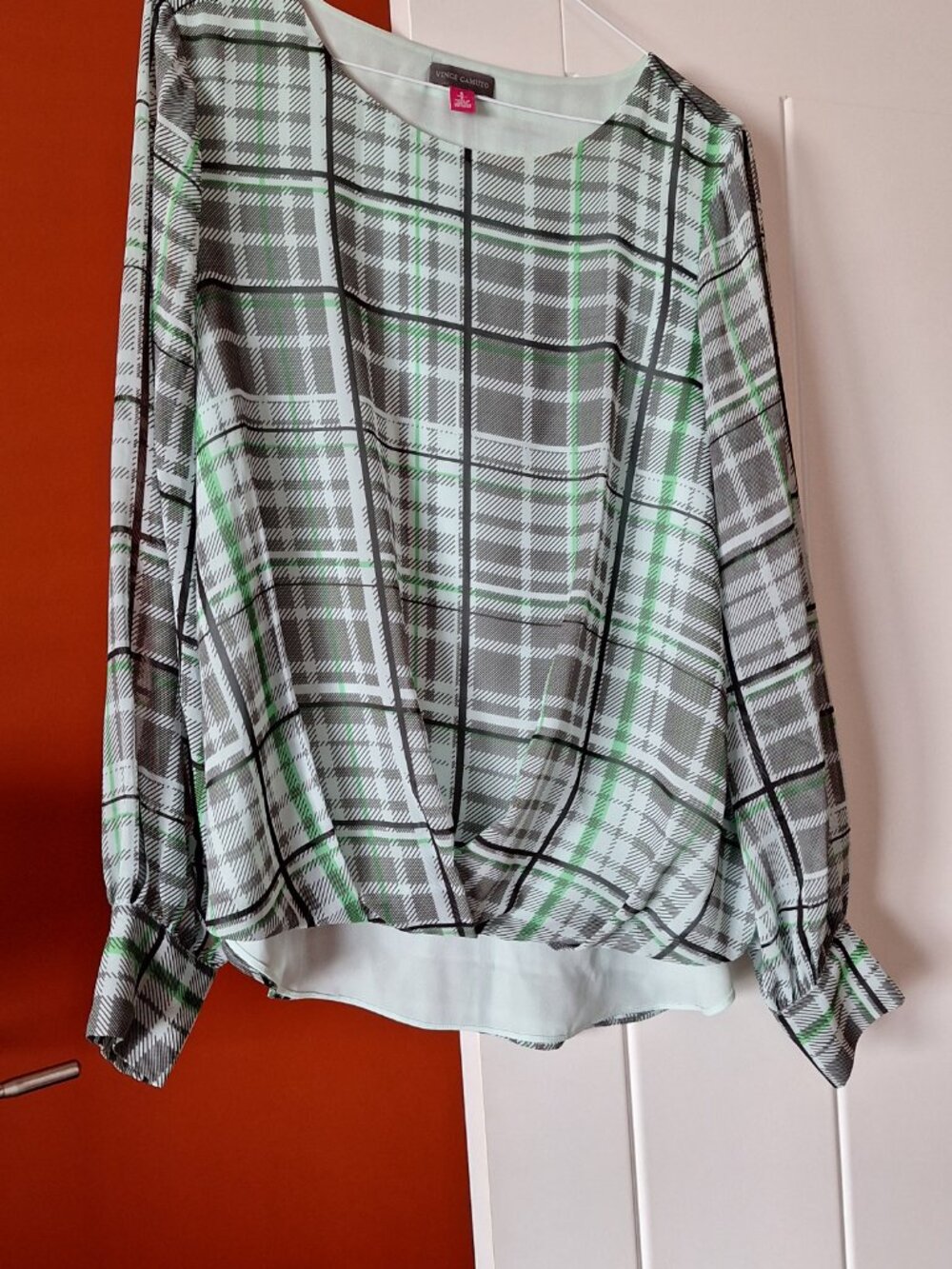 Vince Camuto Green Plaid Flowy High Low Blouse